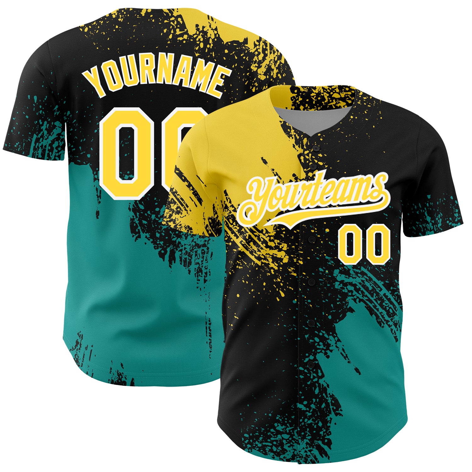 Personalized Abstract Brush Stroke Baseball Jersey with Custom Name & Number - Black Yellow Teal 3D Pattern Design Personalized