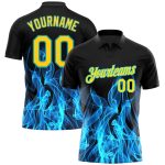 Custom Flame Golf Polo Shirt with 3D Black Yellow-Teal Pattern, Personalized Name and Number, Team Sports Apparel Personalized