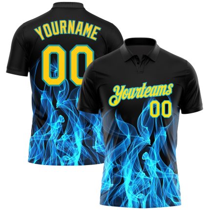 Custom Flame Golf Polo Shirt with 3D Black Yellow-Teal Pattern, Personalized Name and Number, Team Sports Apparel Personalized