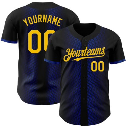 Custom Name and Number Authentic Baseball Jersey 3D Black Yellow Thunder Blue Geometric Design Personalized Black Yellow-Thunder