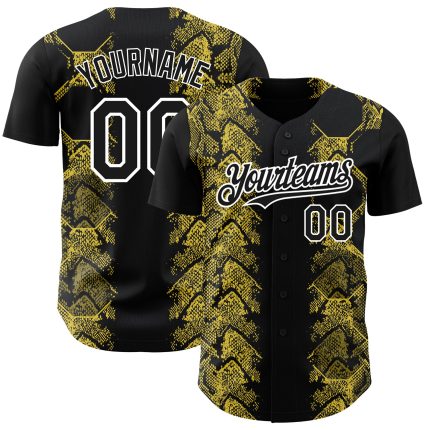 Custom 3D Pattern Animal Snake Baseball Jersey - Personalized Black Yellow-White with Team Name and Number Personalized Black