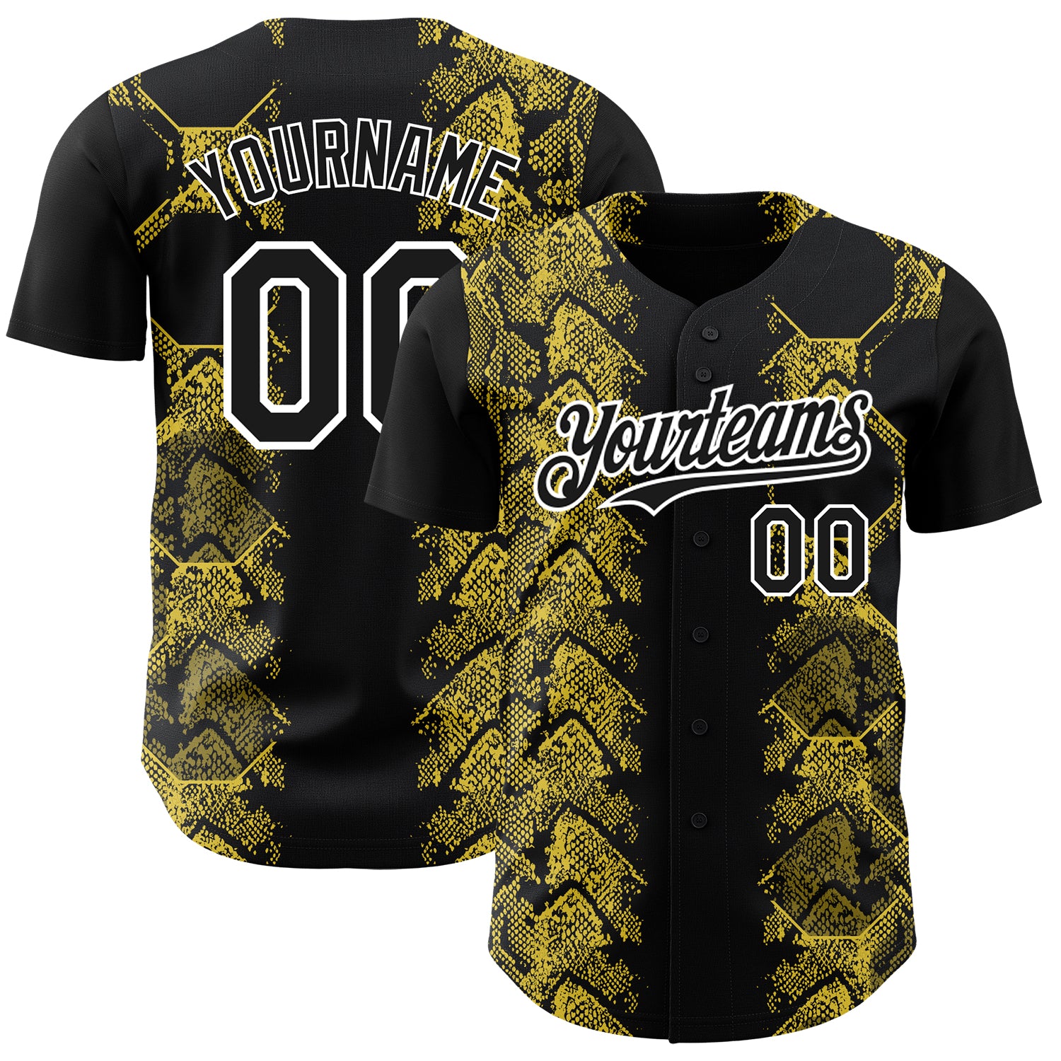 Custom 3D Pattern Animal Snake Baseball Jersey - Personalized Black Yellow-White with Team Name and Number Personalized Black