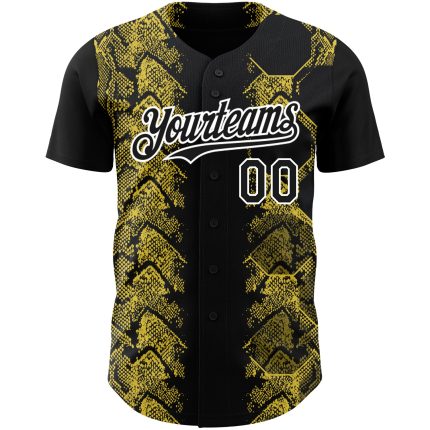 Custom 3D Pattern Animal Snake Baseball Jersey - Personalized Black Yellow-White with Team Name and Number Personalized Black