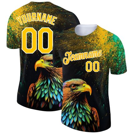 Custom Name and Number Performance T-Shirt for Holi Festival - 3D Pattern Black Yellow-White Design Personalized Black Yellow-White