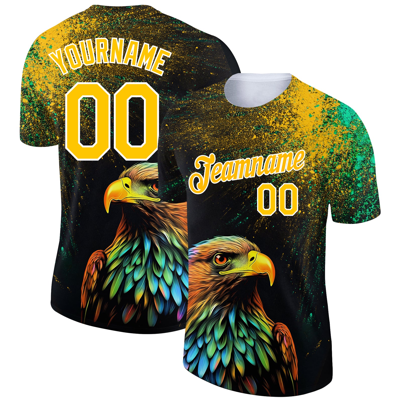 Custom Name and Number Performance T-Shirt for Holi Festival - 3D Pattern Black Yellow-White Design Personalized Black Yellow-White