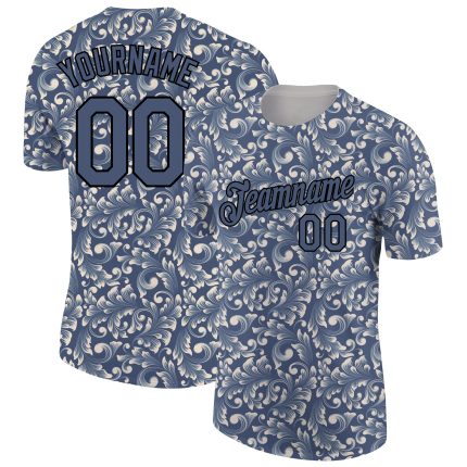 Personalized 3D Floral Design Performance T-Shirt in Blue and Black Personalized Blue Black 3D Floral Design Performance