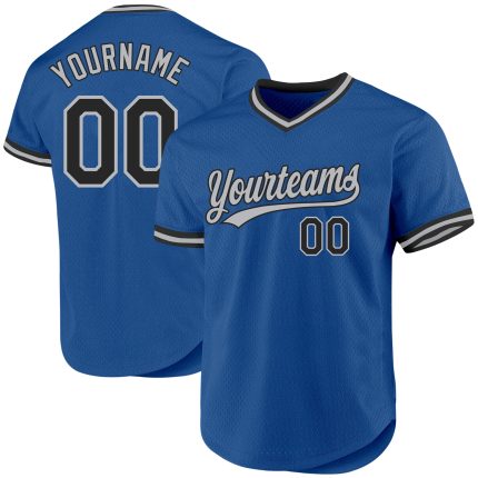 Personalized Blue Black Gray Baseball Jersey | Custom Throwback Style Personalized Blue Black-Gray Throwback Baseball Jersey