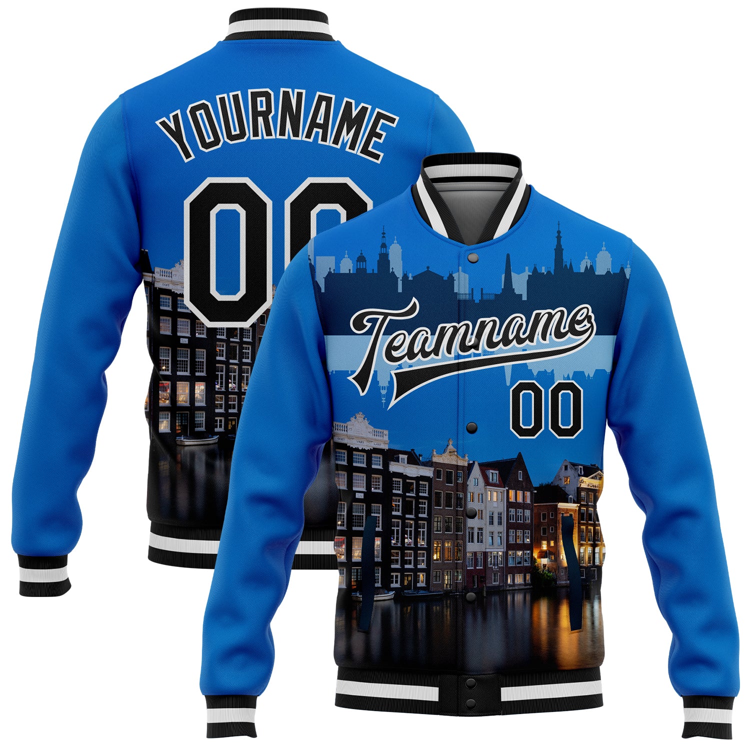 Personalized Amsterdam Netherlands 3D Varsity Letterman Jacket Custom Name Number Blue Black-White Bomber Full-Snap Personalized