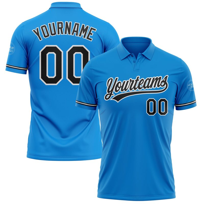Custom Name Number Team Polo Shirt - Personalized Blue Black White Performance Golf Shirt Personalized Blue Black-White Performance