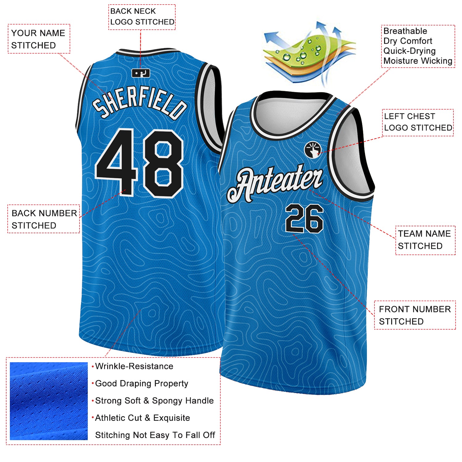 Personalized City Edition Basketball Jersey - Blue Black White Rounded Zig Zag Lines Personalized Blue Black-White Rounded - Image 2
