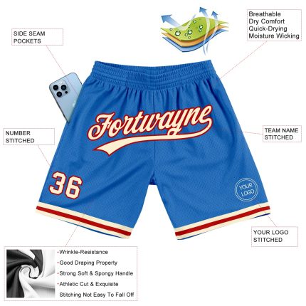 Custom Blue Cream Red Basketball Shorts for Men and Women - Throwback Style Personalized Blue Cream-Red Throwback Basketball