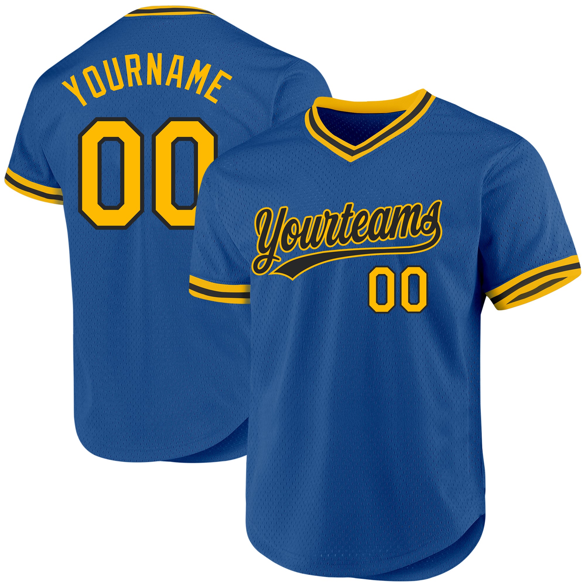 Custom Name and Number Authentic Throwback Baseball Jersey - Personalized Blue Gold-Black Design Personalized Blue Gold-Black