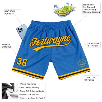 Personalized Authentic Throwback Basketball Shorts in Blue, Gold, and Black Personalized Blue Gold-Black Authentic Throwback