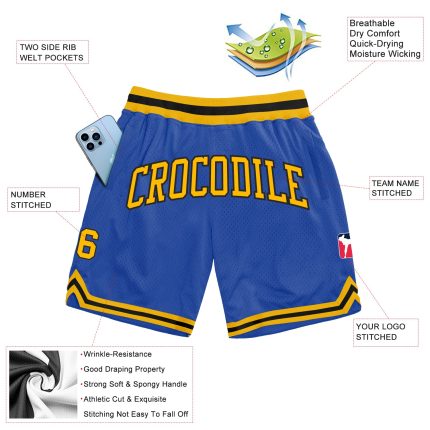 Custom Name & Number Personalized Basketball Shorts in Blue, Gold, Black - Authentic Throwback Style Personalized Blue Gold-Black
