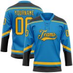 Personalized Blue Gold Black Hockey Jersey with Lace Neck Design Personalized Blue Gold-Black Hockey Lace Neck Jersey