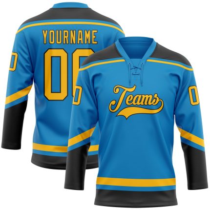 Personalized Blue Gold Black Hockey Jersey with Lace Neck Design Personalized Blue Gold-Black Hockey Lace Neck Jersey