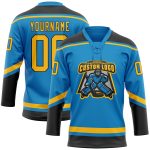 Personalized Blue Gold Black Hockey Jersey with Lace Neck Design Personalized Blue Gold-Black Hockey Lace Neck Jersey