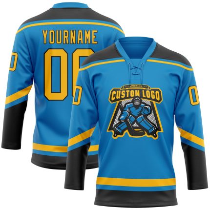 Custom Name and Number Blue Gold-Black Lace Neck Hockey Jersey - Personalized Team Gear Personalized Blue Gold-Black Hockey