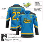 Personalized Blue Gold Black Hockey Jersey with Lace Neck Design Personalized Blue Gold-Black Hockey Lace Neck Jersey