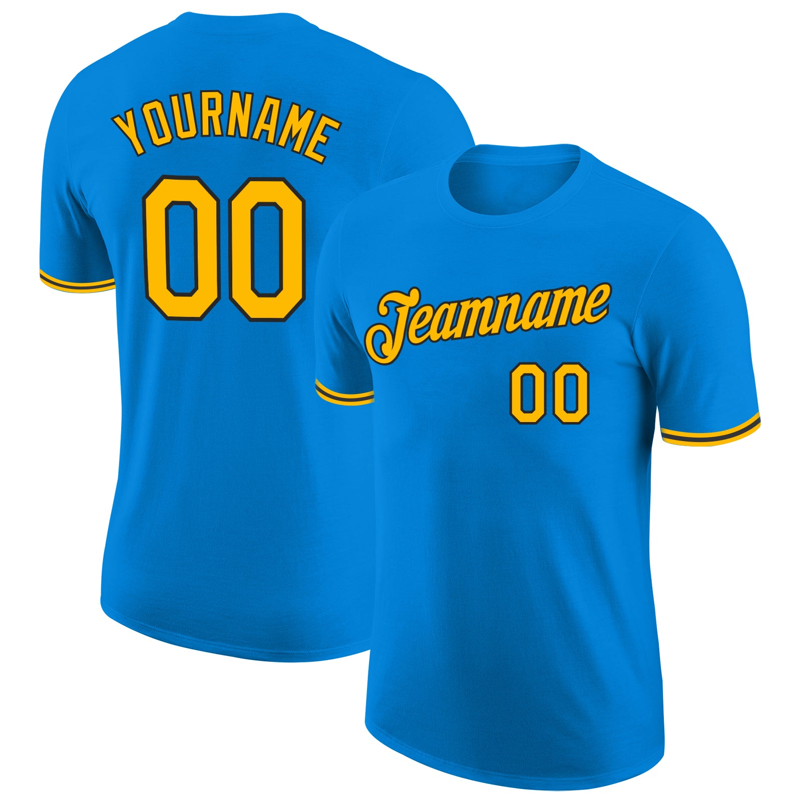 Custom Team Performance T-Shirt with Blue Gold-Black Design, Personalized Name & Number Personalized Blue Gold-Black Performance