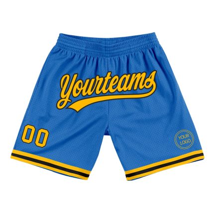 Personalized Basketball Shorts - Blue Gold-Black Throwback Design, Custom Fit Personalized Blue Gold-Black Throwback Basketball