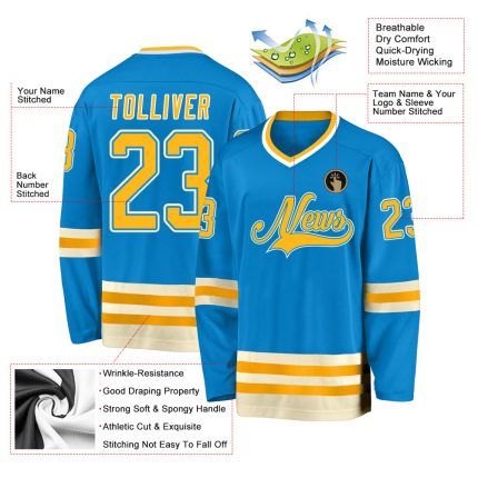 Custom Blue Gold Cream Hockey Jersey for Personalized Sports Apparel Personalized Blue Gold-Cream Hockey Jersey