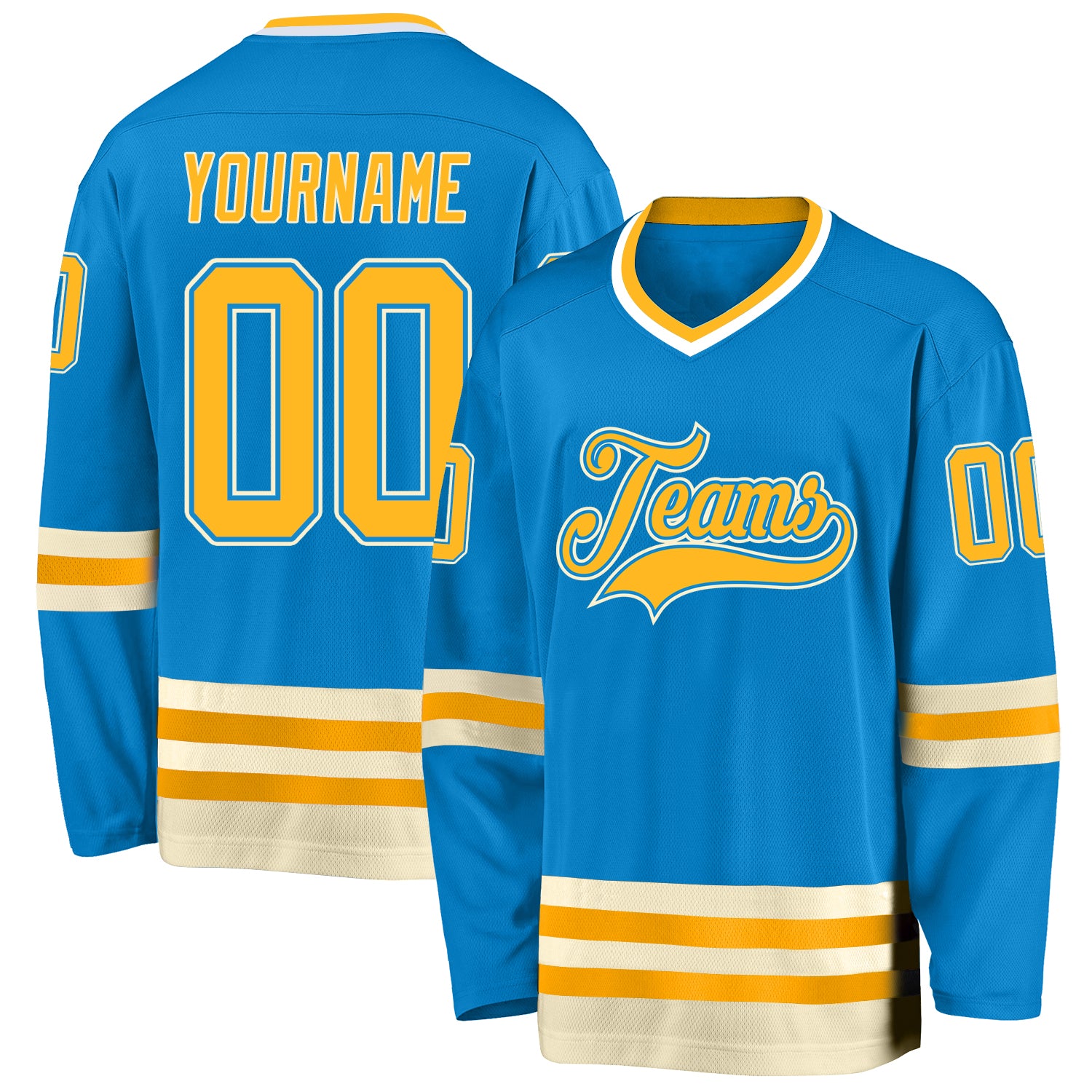 Custom Name Number Hockey Jersey - Personalized Blue Gold-Cream Team Jersey Personalized Blue Gold-Cream Hockey Jersey Team