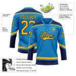 Personalized Blue Gold-Navy Hockey Jersey with Lace Neck Design Personalized Blue Gold-Navy Hockey Lace Neck Jersey