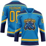 Personalized Blue Gold-Navy Hockey Jersey with Lace Neck Design Personalized Blue Gold-Navy Hockey Lace Neck Jersey