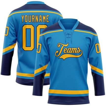 Personalized Blue Gold-Navy Hockey Jersey with Lace Neck Design Personalized Blue Gold-Navy Hockey Lace Neck Jersey