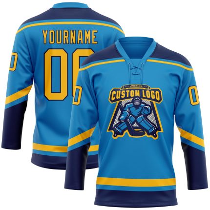 Custom Name and Number Blue Gold-Navy Hockey Jersey with Lace Neck - Personalized Team Gear Personalized Blue Gold-Navy Hockey