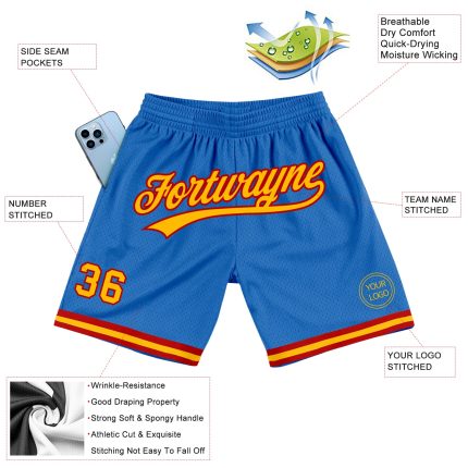 Personalized Throwback Basketball Shorts in Blue Gold and Red - Custom Sportswear Personalized Blue Gold-Red Throwback Basketball