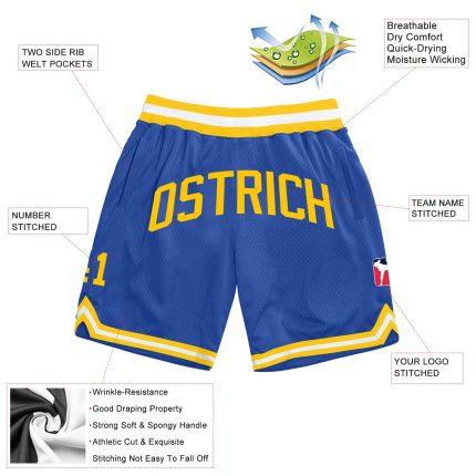 Custom Name and Number Personalized Blue Gold White Basketball Shorts - Authentic Throwback Design Personalized Blue Gold-White