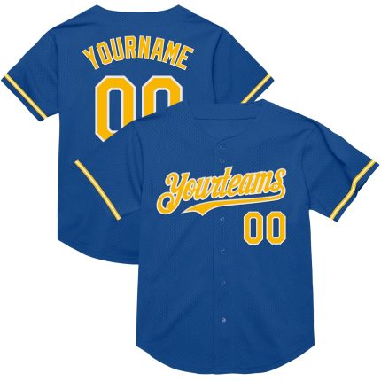 Personalized Blue and Gold Throwback Baseball Jersey - White Mesh Design Personalized Blue Gold-White Mesh Throwback Baseball