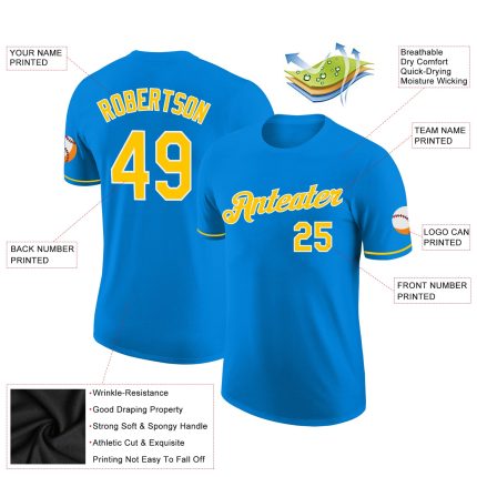 Custom Team Performance T-Shirt with Personalized Name and Number - Blue Gold-White Personalized Blue Gold-White Performance