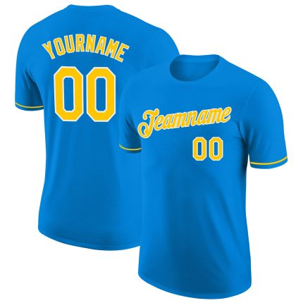 Personalized Blue Gold White Performance T-Shirt for Men and Women, Custom Athletic Top Personalized Blue Gold-White Performance