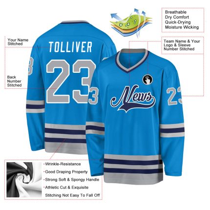 Personalized Hockey Jersey in Blue Gray and Navy for Custom Team Support Personalized Blue Gray-Navy Hockey Jersey