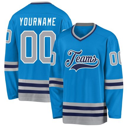 Personalized Hockey Jersey in Blue Gray and Navy for Custom Team Support Personalized Blue Gray-Navy Hockey Jersey