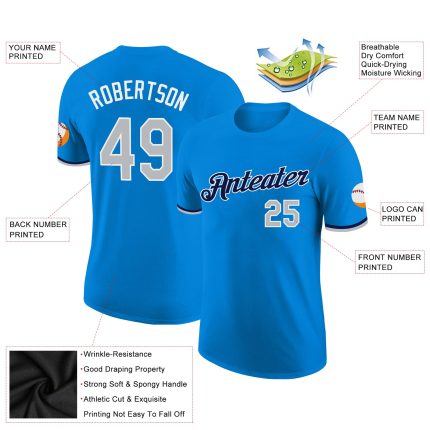 Custom Team T-Shirt with Name and Number - Personalized Blue Gray Navy Performance Shirt Personalized Blue Gray-Navy Performance