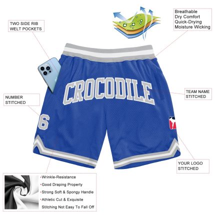 Personalized Basketball Shorts in Blue Gray White Retro Style for Men Personalized Blue Gray-White Throwback Basketball Shorts