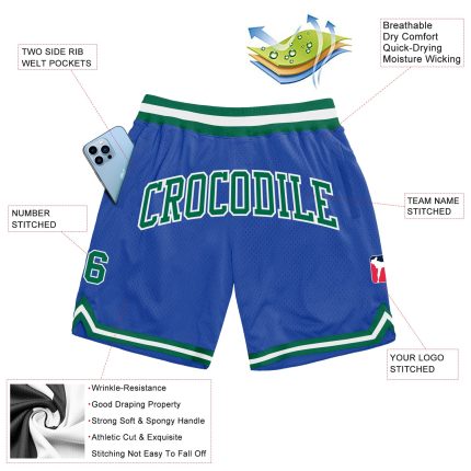 Custom Authentic Throwback Basketball Shorts with Personalized Name and Number in Blue Kelly Green and White Personalized