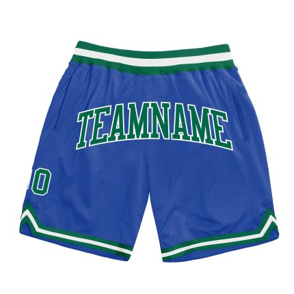 Custom Authentic Throwback Basketball Shorts with Personalized Name and Number in Blue Kelly Green and White Personalized
