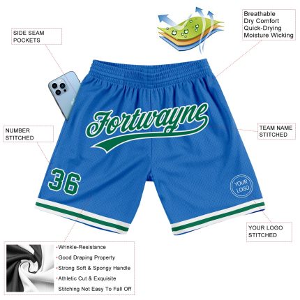 Personalized Blue Kelly Green White Basketball Shorts for Men and Women - Throwback Style Personalized Blue Kelly Green-White