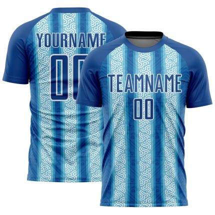 Personalized Blue Light and White Ethnic Stripes Soccer Jersey Uniform Personalized Blue Light Blue-White Ethnic Stripes