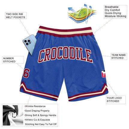 Custom Basketball Shorts with Personalized Name and Number - Blue Maroon-Cream Authentic Throwback Design Personalized Blue