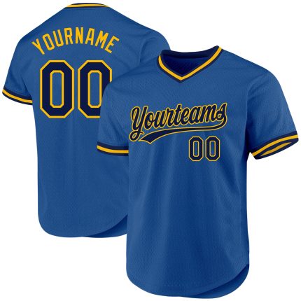 Personalized Navy Blue Gold Throwback Baseball Jersey for Men and Women Personalized Blue Navy-Gold Throwback Baseball Jersey