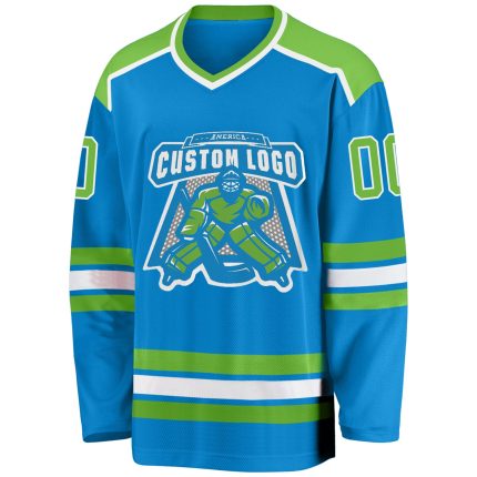 Custom Name and Number Personalized Hockey Jersey - Blue Green White Neon Design Personalized Blue Neon Green-White Hockey