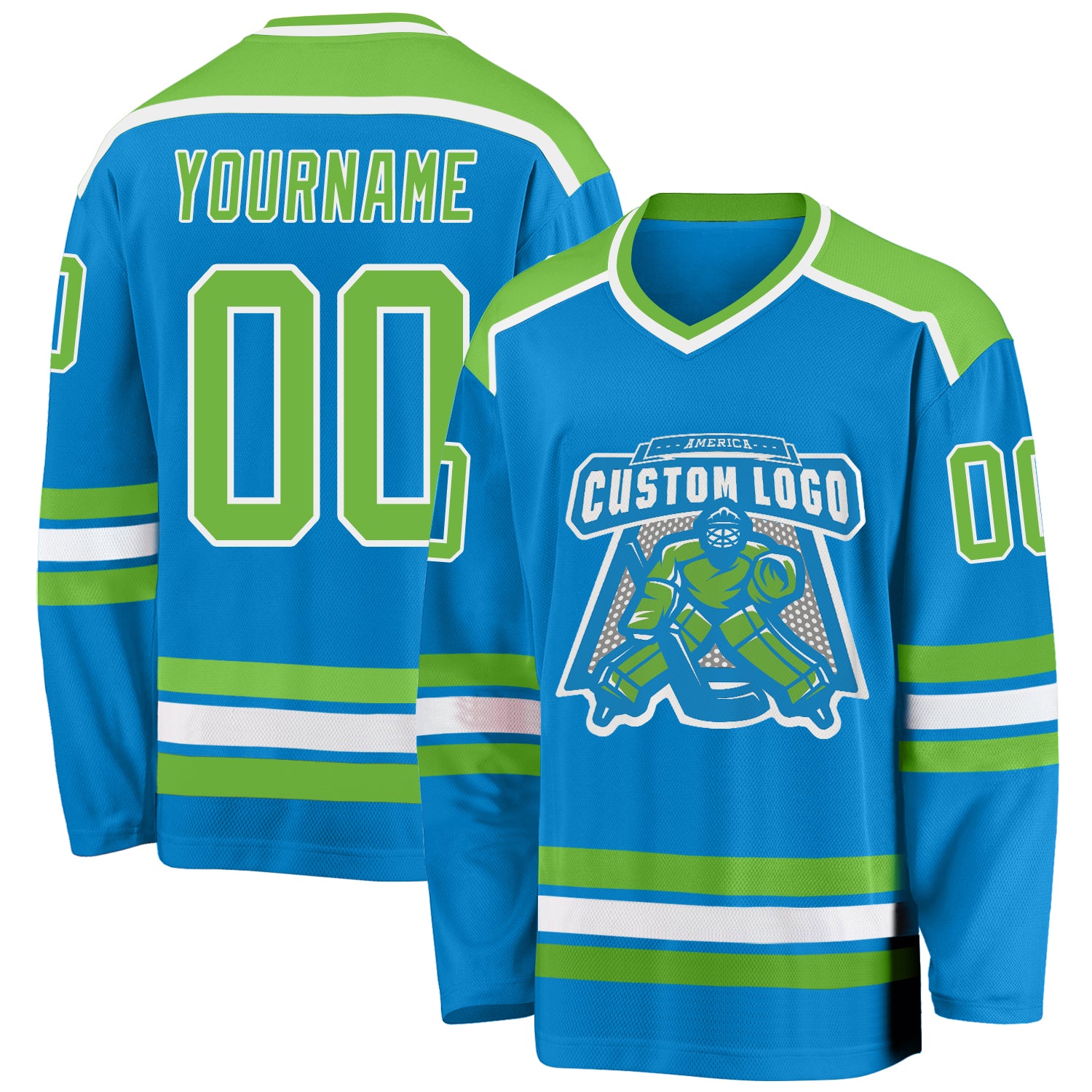 Custom Name and Number Personalized Hockey Jersey - Blue Green White Neon Design Personalized Blue Neon Green-White Hockey