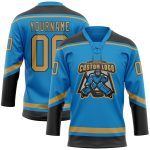 Personalized Blue Gold Black Hockey Jersey with Lace Neck Design Personalized Blue Old Gold-Black Hockey Lace Neck Jersey