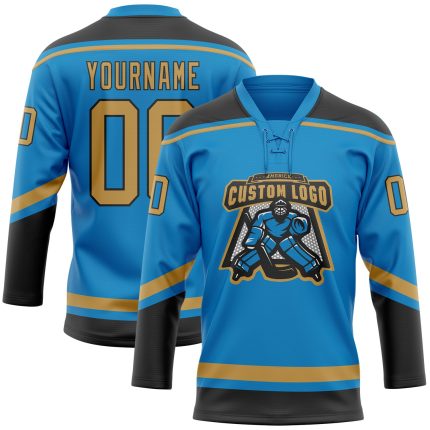 Personalized Blue Gold Black Hockey Jersey with Lace Neck Design Personalized Blue Old Gold-Black Hockey Lace Neck Jersey